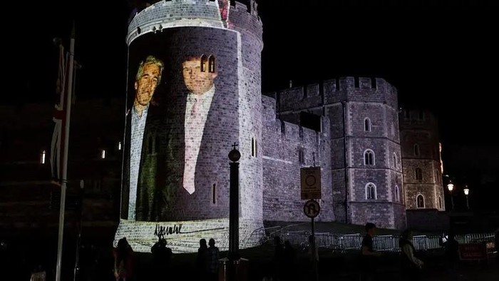 An image of U.S. President Donald Trump alongside disgraced financier Jeffrey Epstein is projected on Windsor castle, after U.S. President Donald Trump and first lady Melania Trump arrival for a state visit to the country, in Windsor, Berkshire, Britain September 16, 2025. (Reuters)