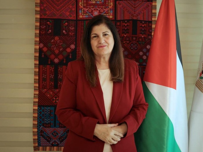 Palestinian Foreign Minister Varsen Aghabekian Shahin poses for a picture during an interview with AFP in the West Bank city of Ramallah on September 17, 2025. (Photo by Zain JAAFAR / AFP)
