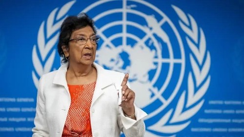 Chair of the Independent International Commission of Inquiry on the Occupied Palestinian Territory, including East Jerusalem, and Israel, South African judge Navi Pillay, gestures after a press conference in Geneva on September 16, 2025. (AFP)