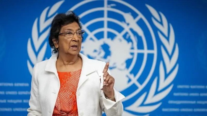 Chair of the Independent International Commission of Inquiry on the Occupied Palestinian Territory, including East Jerusalem, and Israel, South African judge Navi Pillay, gestures after a press conference in Geneva on September 16, 2025. (AFP)