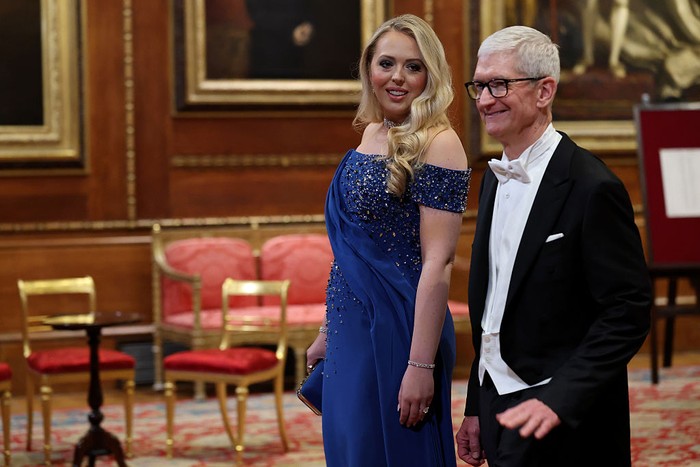 WINDSOR, ENGLAND - SEPTEMBER 17:  Tiffany Trump and Tim Cook, Apple CEO attend the State visit by the President of the United States of America at Windsor Castle on September 17, 2025 in Windsor, England. President Trump is in England from Sept. 16-18 on his second UK state visit, with the previous one taking place in 2019 during his first presidential term. (Photo by Anna Moneymaker/Getty Images)