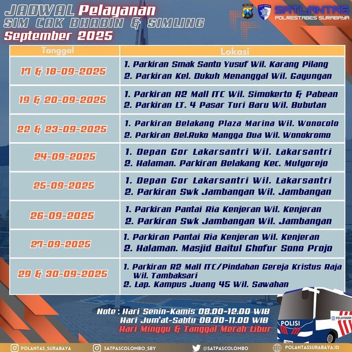 Jadwal Pelayanan Sim Cak Bhabin dan Simling September 2025