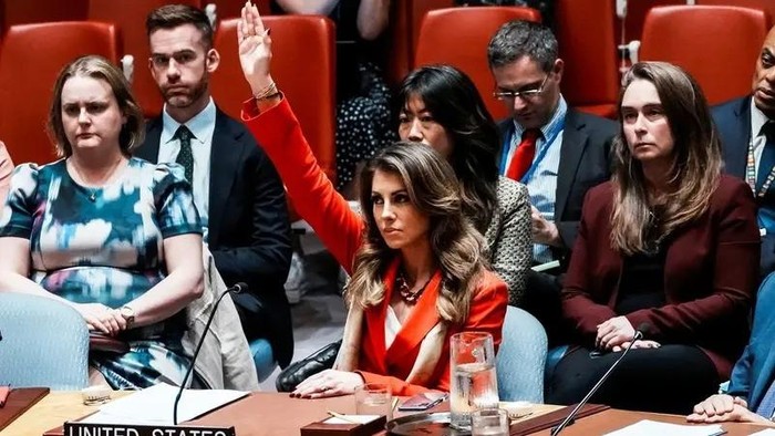Morgan Ortagus casts a veto as members of the UN Security Council vote on a draft resolution demanding a ceasefire in Gaza, Sept. 18, 2025. (Reuters)
