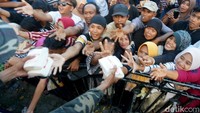 Para pengunjung rela berdesakan demi mendapatkan tahu gratis.