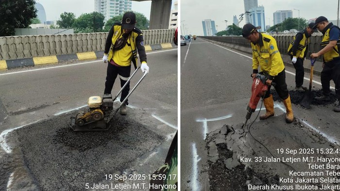 Tiga kecelakaan terjadi di flyover Pancoran, Jaksel yang diduga karena permukaan jalan berlubang. Bina Marga menambal jalan yang membahayakan pengendara. (dok Bina Marga Jaksel)