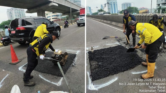 Tiga kecelakaan terjadi di flyover Pancoran, Jaksel yang diduga karena permukaan jalan berlubang. Bina Marga menambal jalan yang membahayakan pengendara. (dok Bina Marga Jaksel)