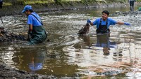 Relawan lingkungan mengambil sampah di aliran Sungai Cikapundung dalam peringatan World Cleanup Day di Bandung, Jawa Barat.  Foto: ANTARA FOTO/RAISAN AL FARISI