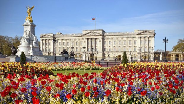 London,UK - May 12th 2013:Buckingham Palace with foreground spring flower beds in full bloom