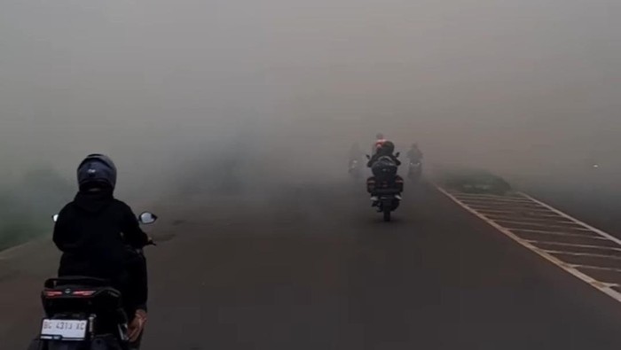 Jalan Lintas Palembang-Indralaya tertutup asap tebal.