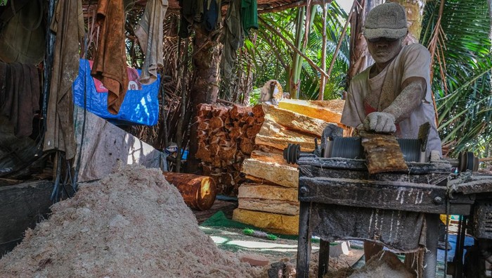 Perajin memeras sari patih sagu dengan alat tradisional di Kelurahan Tondonggeu, Kendari, Sulawesi Tenggara, Sabtu (20/9/2025). Menurut perajn, sebatang pohon sagu mampu menghasilkan hingga 500 kilogram tepung sagu dengan proses pengendapan selama tiga hari agar siap dijual ke pasar tradisional dan luar provinsi dengan harga Rp2.600 per kilogram sebagai makanan pengganti nasi atau olahan lainnya. ANTARA FOTO/Andry Denisah