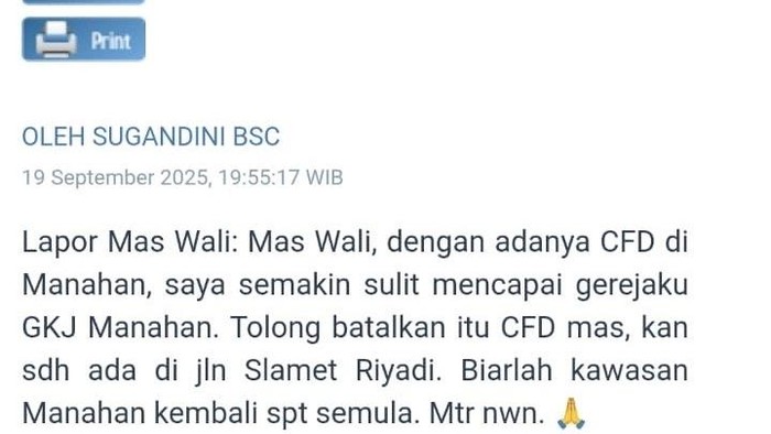 Sejumlah keluhan dari jemaat GKJ Manahan terkait CFD Manahan melalui Ulas. Foto diunggah Minggu (21/9/2025).