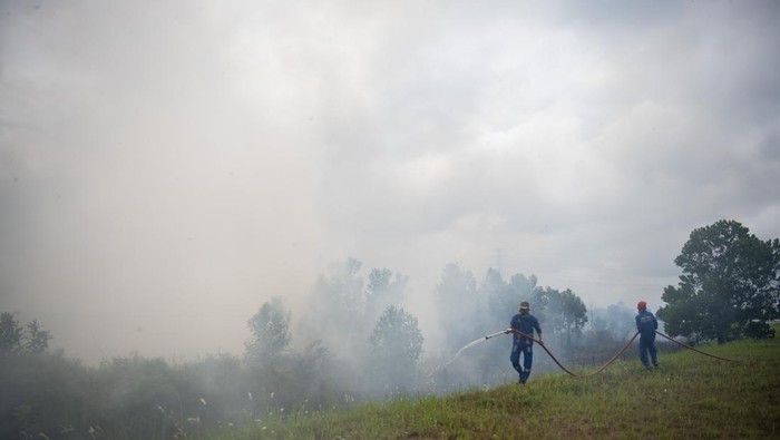Petugas dari Manggala Agni Daops Banyuasin berupaya melakukan pemadaman kebakaran lahan yang terjadi di sisi gerbang tol rambutan Jalan Tol Trans Sumatera (JTTS) ruas Palembang-Indralaya (Palindra) di Desa Rambutan, Ogan Ilir (OI), Sumatera Selatan, Minggu (21/9/2025). Kebakaran lahan yang terjadi sejak Sabtu (20/9) tersebut berhasil dipadamkan oleh petugas gabungan dari Manggala Agni Daops Banyuasin, Manggala Agni Daops Lahat, Manggala Agni Daops OKI, BPBD Kab Ogan Ilir (OI) dan dibantu dua helikopter water boombing milik BNPB. ANTARA FOTO/Nova Wahyudi