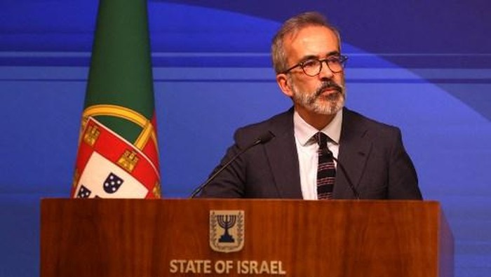 Portugals Minister of Foreign Affairs Paulo Rangel speaks during a press conference with his counterpart from Israel (not pictured) in Jerusalem on February 10, 2025. (Photo by AHMAD GHARABLI / AFP)