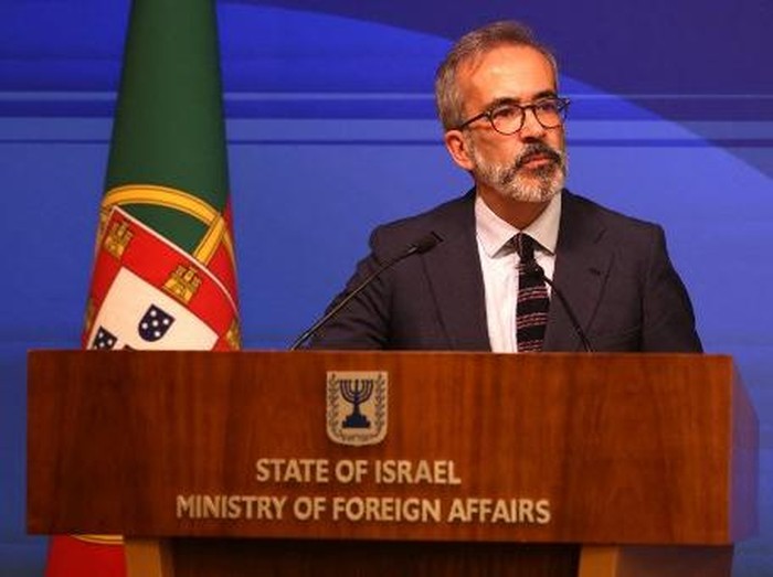 Portugals Minister of Foreign Affairs Paulo Rangel speaks during a press conference with his counterpart from Israel (not pictured) in Jerusalem on February 10, 2025. (Photo by AHMAD GHARABLI / AFP)