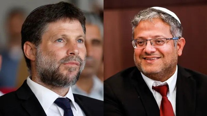 (L) Israeli Finance Minister Bezalel Smotrich attends an inauguration event for Israels new light rail line for the Tel Aviv metropolitan area, in Petah Tikva, Israel, August 17, 2023. (Reuters) and (R) Israels National Security Minister Itamar Ben-Gvir attends a cabinet meeting at the Prime Ministers office in Jerusalem, August 20, 2023. (Reuters)