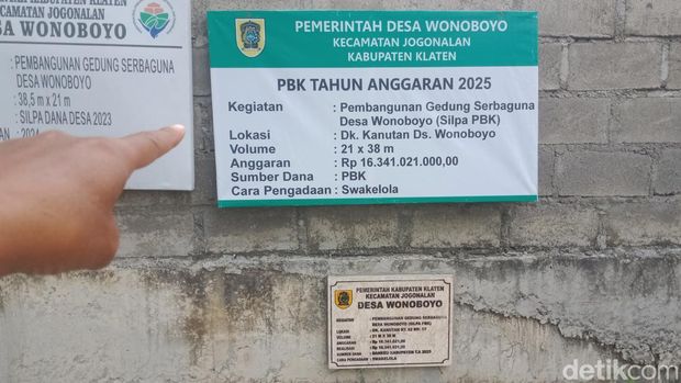 Papan kegiatan gedung serbaguna Desa Wonoboyo, Kecamatan Jogonalan, Klaten.