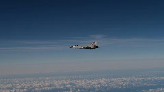 A still photo published by Swedish armed forces that it says shows a Russian mig-31 fighter jet that took part in the violation of Estonian airspace. Swedens military says the image was taken over the Baltic sea after the Russian aircraft left Estonian airspace, still photo released on September 19, 2025. Swedish Armed forces/Handout via REUTERS/ File Photo Purchase Licensing Rights