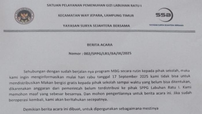 Beredar surat makan bergizi gratis di Lampung Timur disetop sementara