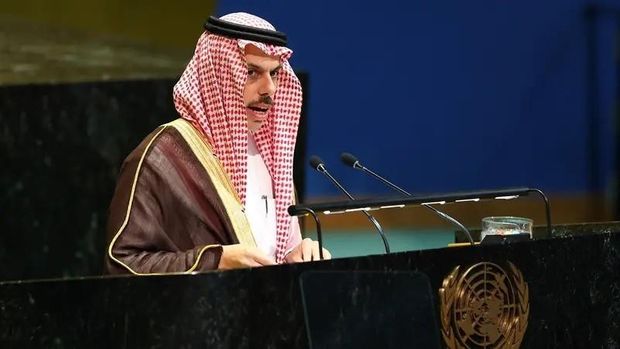Saudi Arabia's FM Prince Faisal bin Farhan speaks during a UN Summit on a two-state solution in New York, Sept. 22, 2025. (AFP)