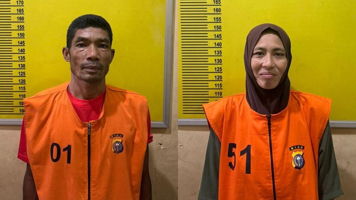 Pasutri yang mencuri benda bersejarah di Istana Siak saat diamankan oleh polisi. (Dok Polres Siak)