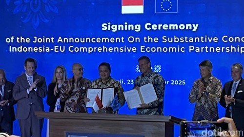 Penandatanganan kerja sama IUE-CEPA, Indonesia dengan Uni Eropa di Nusa Dua, Bali, Selasa (23/9/2025). (Rizki Setyo)