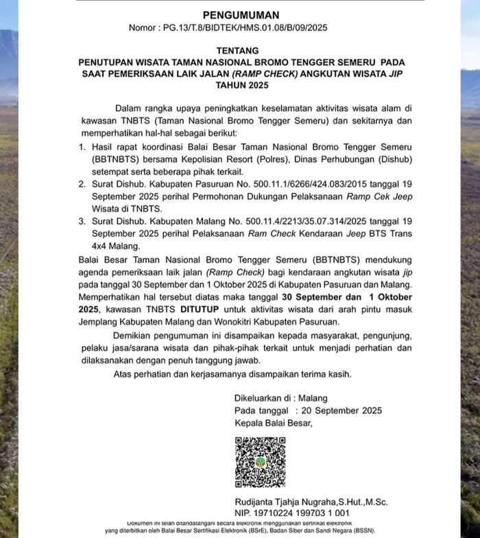 Pengumuman penutupan Jalur Bromo via Malang dan Pasuruan