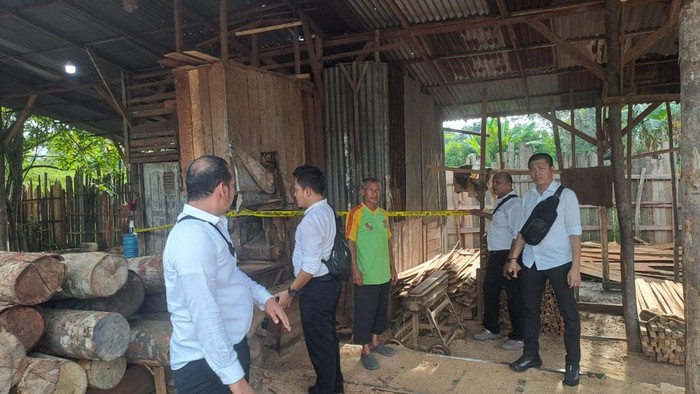 Polres Kampar menggerebek tempat pengolahan kayu (sawmill) ilegal, Senin (22/9/2025).