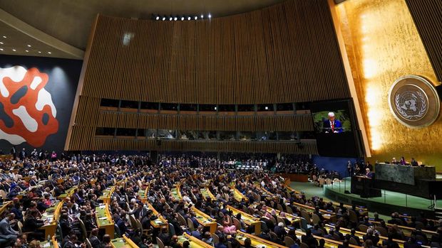 Presiden AS Donald Trump berpidato di Sidang Umum Perserikatan Bangsa-Bangsa ke-80, di New York City, New York, AS, 23 September 2025. Presiden AS Donald Trump berpidato di Sidang Umum Perserikatan Bangsa-Bangsa ke-80, di New York City, New York, AS, 23 September 2025. (REUTERS/Alexander Drago)