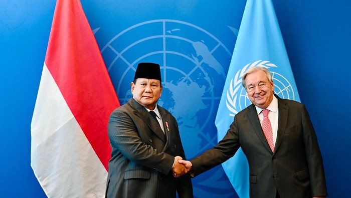 Presiden Republik Indonesia Prabowo Subianto melakukan pertemuan bilateral dengan Sekjen PBB António Guterres di Markas PBB, New York, AS. (Foto: Laily Rachev - Biro Pers Sekretariat Presiden)