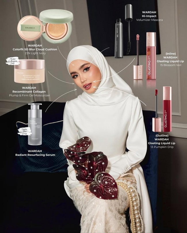 Hijab putih Sashfir dipakai dengan model classic tuck in, bagian bawah dimasukkan rapi ke dalam busana sehingga menampilkan look simpel namun formal. Ia juga memberikan rincian tentang detail makeup yang ia rias sendiri menggunakan produk dari Wardah. Foto: Dok. Instagram @sashfir.