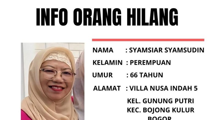 Seorang wanita bernama Syamsiar Syamsudin (63) dikabarkan menghilang usai diduga pergi dari rumahnya di Bojongkulur, Gunungputri, Kabupaten Bogor. (Dok istimewa).