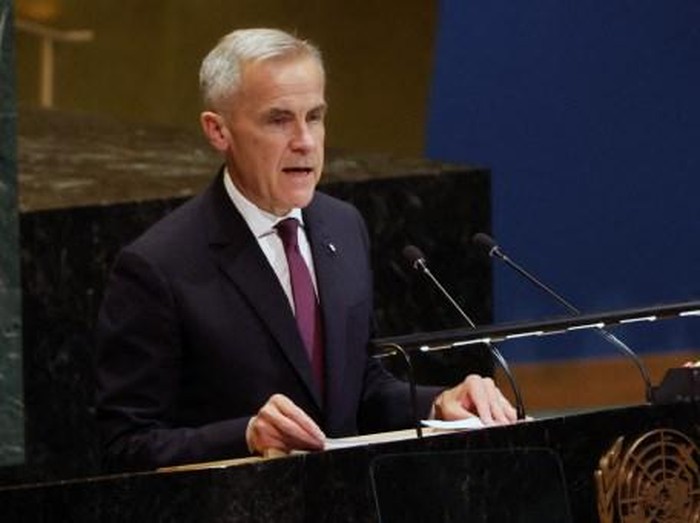 NEW YORK, NEW YORK - SEPTEMBER 22: Canadian Prime Minister Mark Carney speaks at a United Nations (UN) General Assembly meeting organized by France and Saudi Arabia in support of a two-state solution between Palestine and Israel as world leaders arrive for the 80th session of the UNs General Assembly (UNGA) on September 22, 2025 in New York City. France is expected to be the latest country to recognize the state of Palestine. Israel and the United States will boycott the summit. This years theme for the annual global meeting is: Better together: 80 years and more for peace, development and human rights. Gaza and Ukraine are just two of the global emergencies that world leaders will look to address.   Spencer Platt/Getty Images/AFP (Photo by SPENCER PLATT / GETTY IMAGES NORTH AMERICA / Getty Images via AFP)