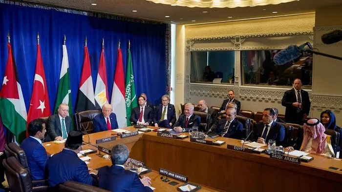 US President Donald Trump speaks during a multilateral meeting with Arab and Muslim leaders during the UN General Assembly, Sept. 23, 2025. (Reuters)