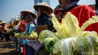 Caping sebagai ciri khas petani tampak dikenakan, sementara sebagian membawa cangkul.  