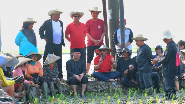 Sekjen PDIP Hasto Kristiyanto dalam dialog bersama petani di Desa Kedungwaringin, Kabupaten Bekasi, Selasa (24/9/2025). Hasto menyampaikan pesan Ketua Umum PDIP Megawati Soekarnoputri dalam dialog tersebut.
