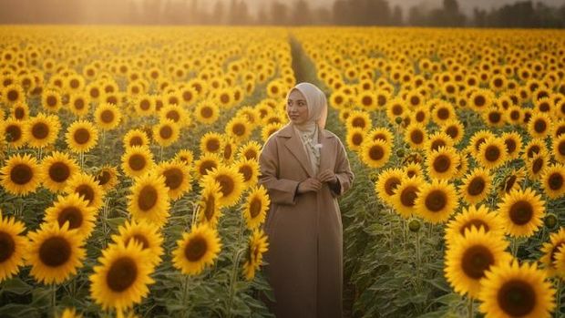 Hasil olahan gambar Gemini AI dengan bertema seorang wanita berhijab berpose di bunga matahari. (Gemini AI)
