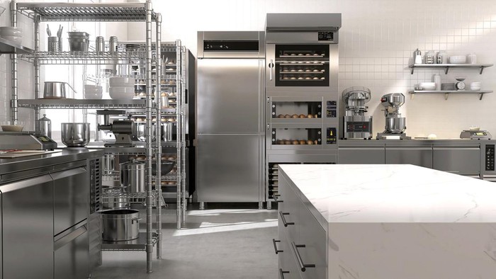 Empty clean white marble top island table in commercial, professional bakery kitchen with stainless steel convection, deck oven, freezer, refrigerator, shelf, cabinet, equipment for industrial restaurant cooking, food, drink product display background 3D