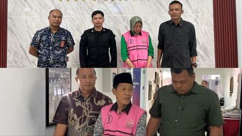 Kades Bagik Polak inisial AAP (laki-laki) dan bekas pejabat BPN Lobar inisial MBF (perempuan) menggunakan baju tahanan usai ditetapkan jadi tersangka, Jumat (26/9/2025).