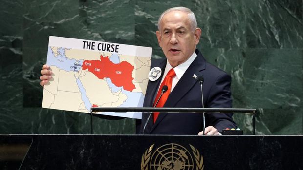Perdana Menteri Israel Benjamin Netanyahu bersiap berpidato di hadapan Majelis Umum Perserikatan Bangsa-Bangsa (UNGA) ke-80 di markas besar PBB di New York City, AS, 26 September 2025. (REUTERS/Shannon Stapleton)