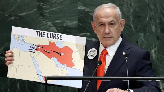 Perdana Menteri Israel, Benjamin Netanyahu, tampil di hadapan para pemimpin dunia dalam Sidang Umum Perserikatan Bangsa-Bangsa (PBB) ke-80 yang digelar di markas besar PBB, New York City, Amerika Serikat, Jumat (26/9/2025). REUTERS/Jeenah Moon