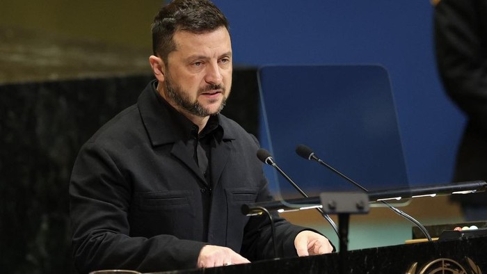 Ukraines President Volodymyr Zelensky speaks during the General Debate of the United Nations General Assembly at the UN headquarters in New York City on September 24, 2025. (Photo by ANGELA WEISS / AFP)