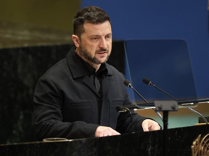 Ukraines President Volodymyr Zelensky speaks during the General Debate of the United Nations General Assembly at the UN headquarters in New York City on September 24, 2025. (Photo by ANGELA WEISS / AFP)