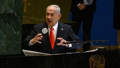 NEW YORK, NEW YORK - SEPTEMBER 26: Prime Minister of Israel Benjamin Netanyahu speaks at the 80th session of The United Nations General Assembly (UNGA) on September 26, 2025 in New York City. This years theme for the annual global meeting is:Better together: 80 years and more for peace, development and human rights.   Alexi J. Rosenfeld/Getty Images/AFP (Photo by Alexi J. Rosenfeld / GETTY IMAGES NORTH AMERICA / Getty Images via AFP)
