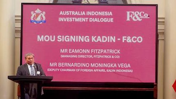 Wakil Ketua Umum Bidang Hubungan Luar Negeri Kadin Indonesia Bernardino Moningka Vega menyampaikan sambutan pada 14th World Chamber Congress di Melbourne, pada 2 September 2025.