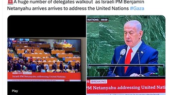 Delegasi dalam jumlah besar langsung walkout begitu Netanyahu mau pidato di PBB. Foto: X.com