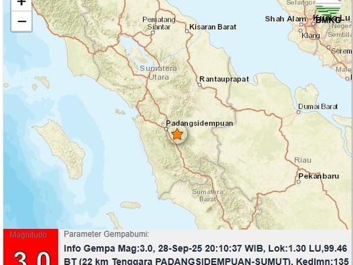 Titik gempa di Padangsidimpuan pada Minggu (28/9/2025)