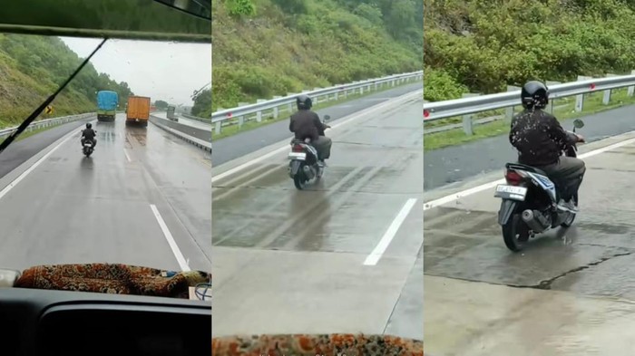 Tangkap layar video pengendara motor masuk tol di Lampung.