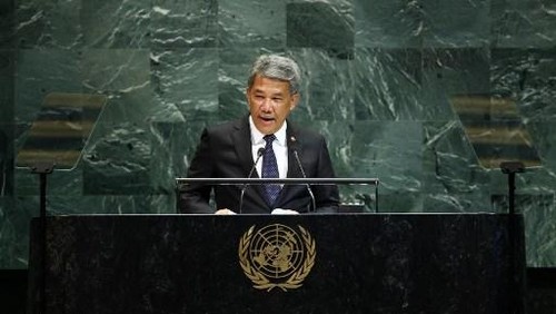 Malaysias Foreign Minister Mohamad Hasan addresses the United Nations General Assembly at UN headquarters in New York City on September 27, 2025.  (Photo by CHARLY TRIBALLEAU / AFP)