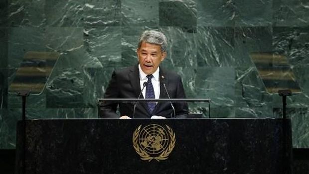 Malaysia's Foreign Minister Mohamad Hasan addresses the United Nations General Assembly at UN headquarters in New York City on September 27, 2025.  (Photo by CHARLY TRIBALLEAU / AFP)