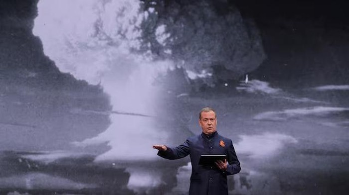 Deputy head of Russias Security Council Dmitry Medvedev delivers a speech during a session of the educational marathon 